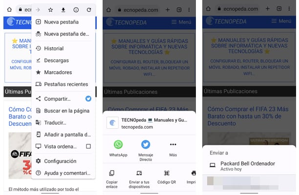 Compartir pestañas de chrome de móvil a ordenador desde el menú