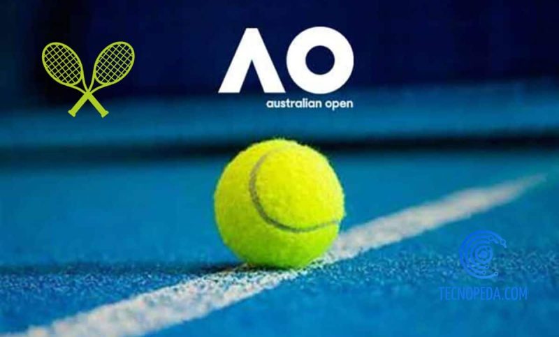 pelota de tenis amarilla sobre pista azul con el logo del Open de Australia