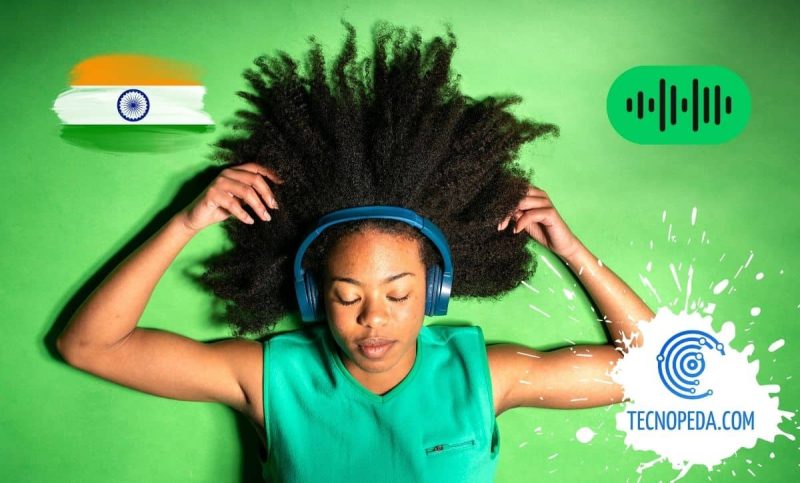 Mujer de pelo largo tumbada con auriculares y fondo verde spotify