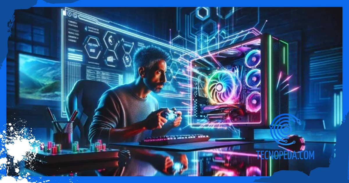Ilustración de un gamer con un ordenador gamer con calcudadora de cuello de botella