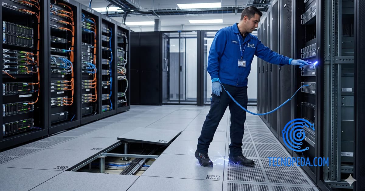 Técnico manipulando un centro de datos con suelos anti electricidad