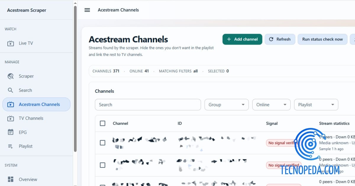 Canales extraídos por Acestream Scraper