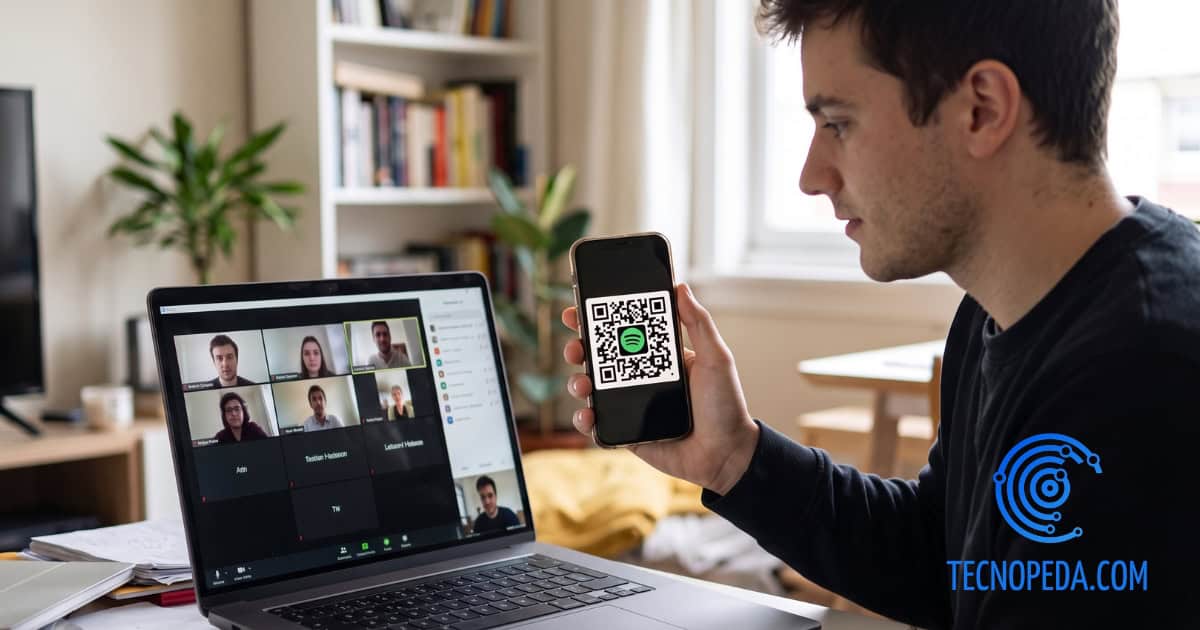 Persona mostrando el qr del plan spotify familiar por videoconferencia